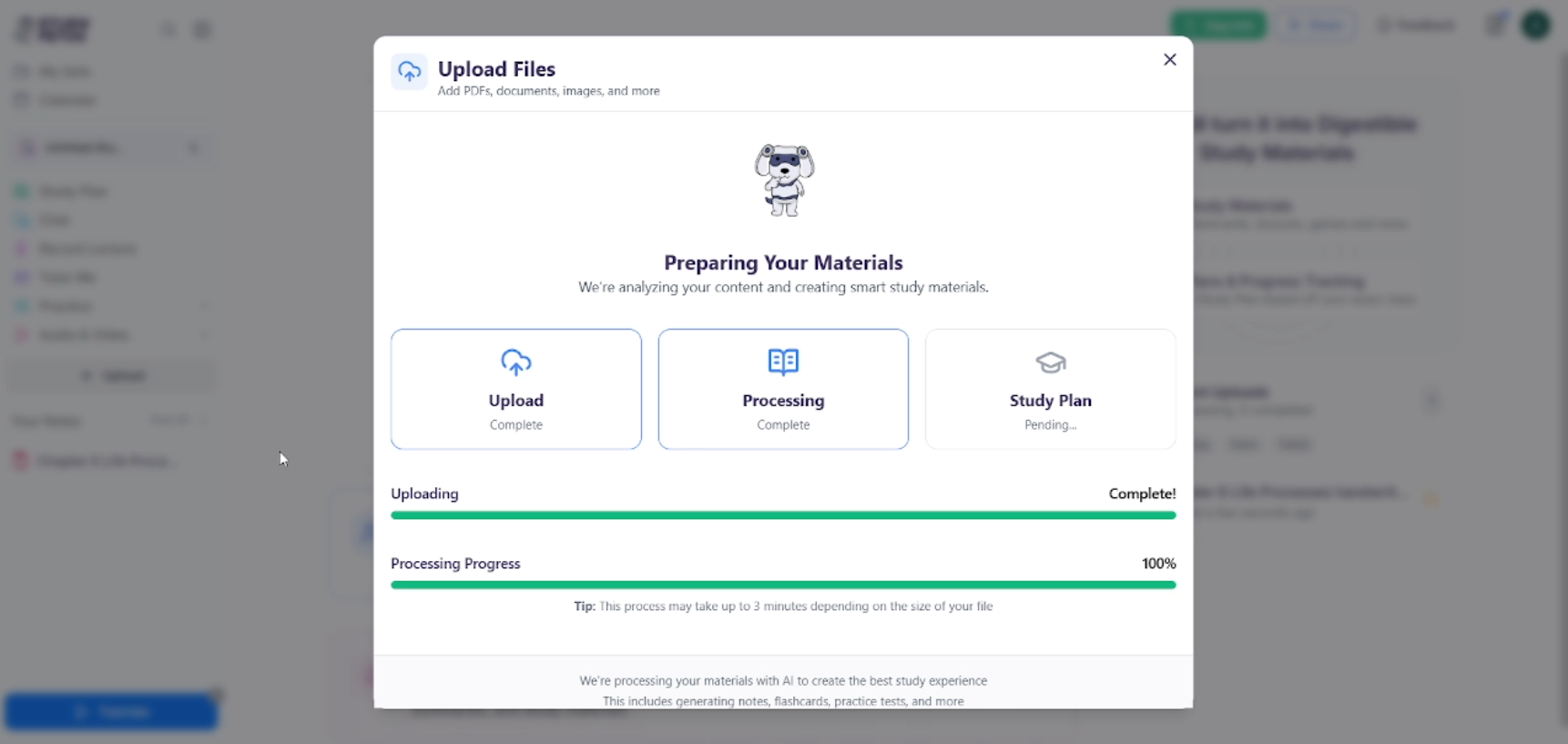 StudyFetch screenshot showing PDF upload and processing interface