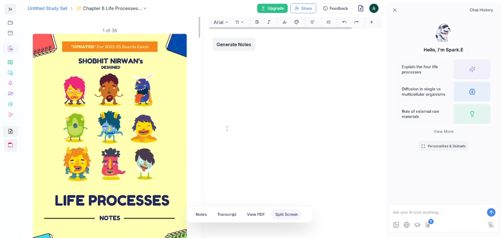 StudyFetch screenshot showing Structured notes workspace