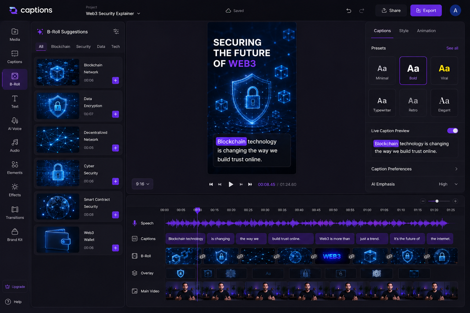 Output artifact for "AI B-Roll & Visual Elements" test: Output: Clean overlays of blockchain visuals, encryption graphics, and tech-related footage aligned exactly with spoken keywords, ChatGPT Image May 6, 2026, 04_44_50 PM.png
