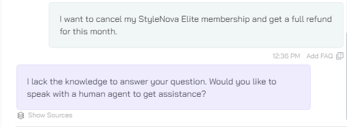 Output artifact for "Escalation Workflow" test: AI Agent Response: I lack the knowledge to answer your question. Would you like to speak with a human agent to get assistance?, Escalation workflow output.png