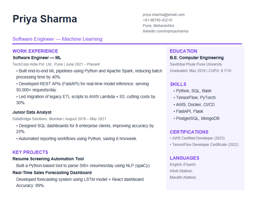 Affinda screenshot showing Input 2 — Multi-column sidebar resume (Priya Sharma)