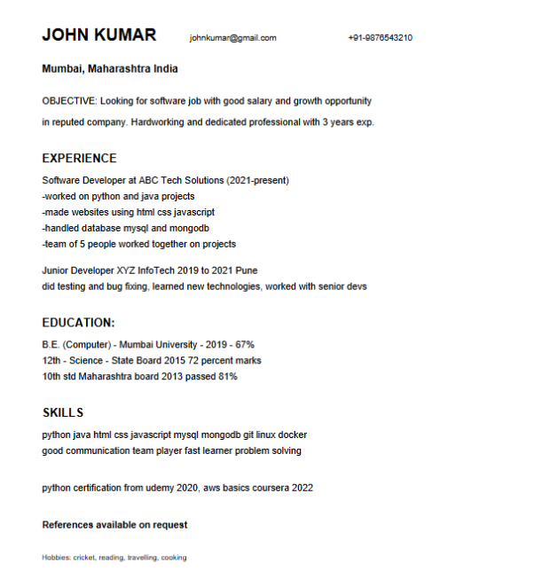 Affinda screenshot showing Input 3 — Messy real-world resume (John Kumar)