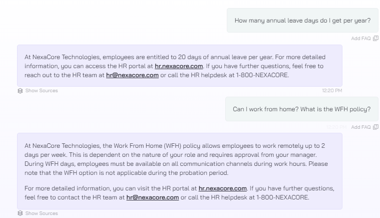 Output artifact for "AI Persona Setup Method" test: HR Agent Response, Output manul prompt.png