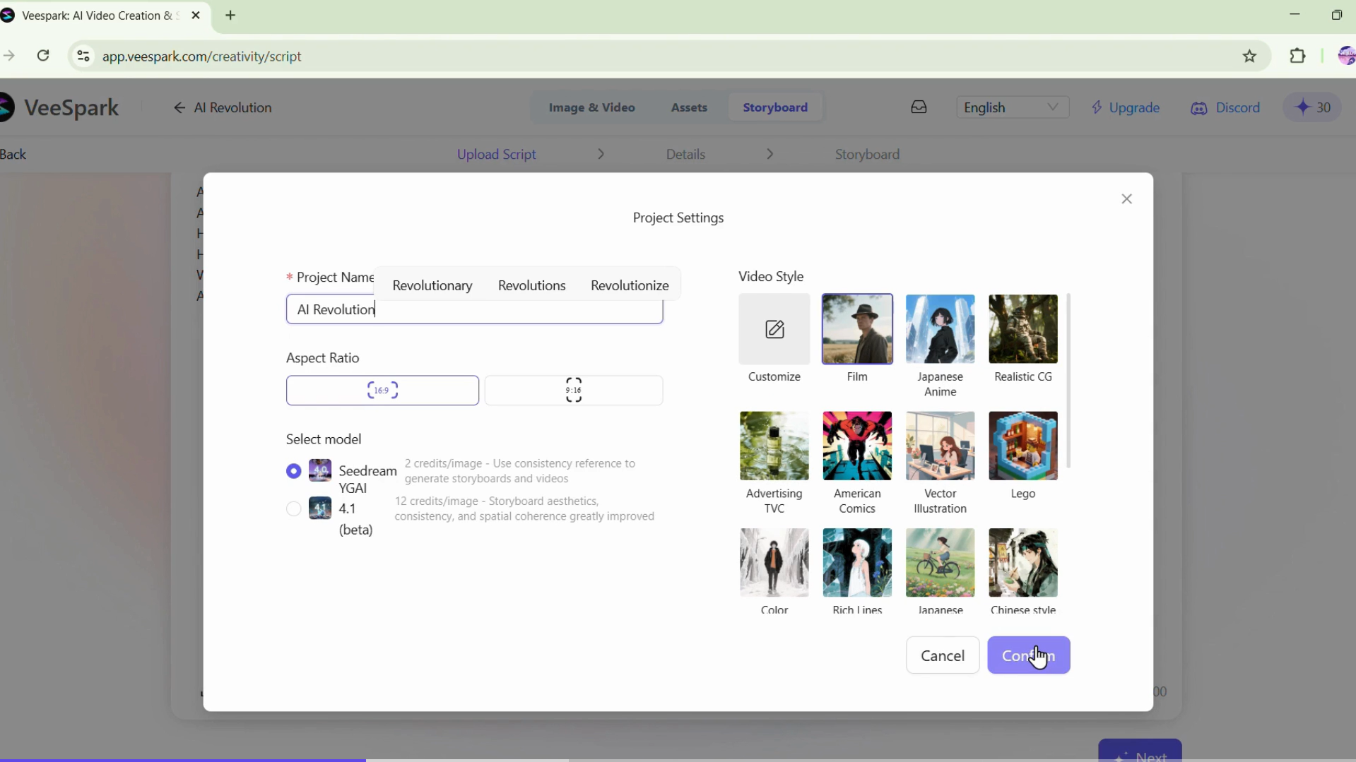 Input artifact for "Style Selection" test: Creator narrative script + natural (Film) style selected, Screenshot 2026-03-26 161643.png