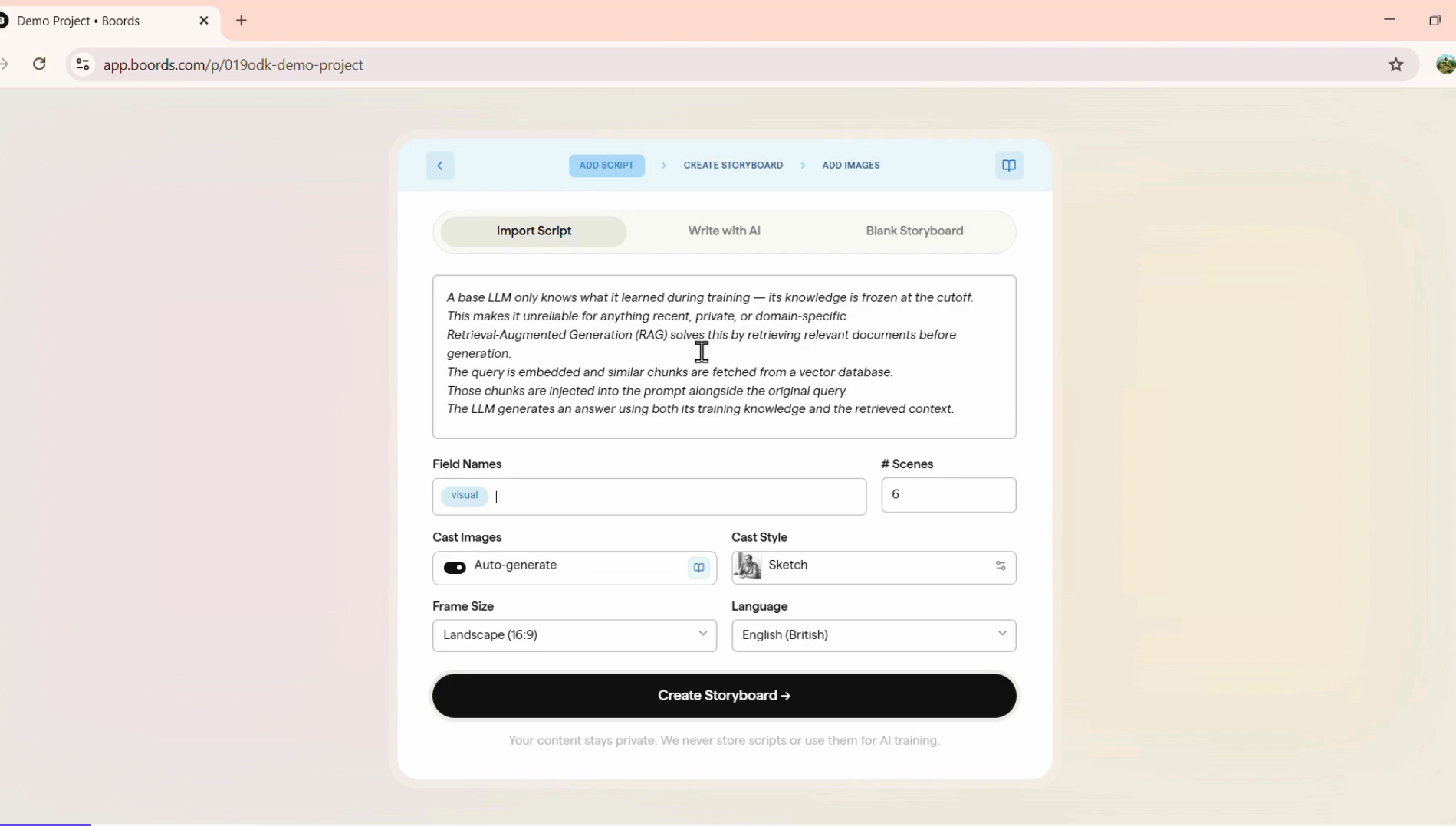 Input artifact for "Editable Image Prompts" test: Configured storyboard setting for technical script, Screenshot 2026-04-04 112647.png