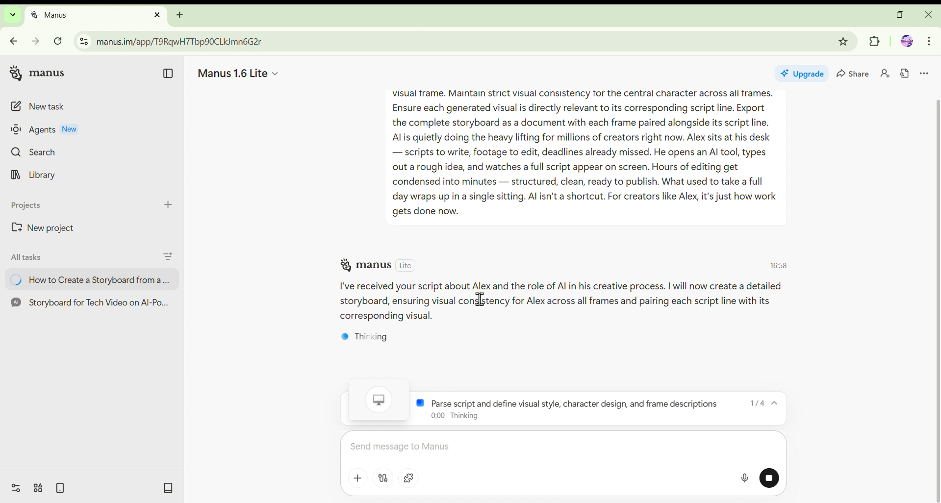 Output artifact for "Script Input" test: Agent begins autonomous task execution — scene breakdown, visual generation, and document assembly handled sequentially., Screenshot 2026-04-04 113632.png