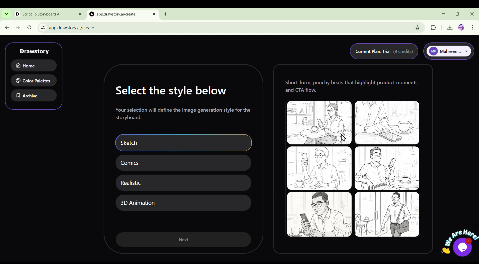 Output artifact for "Style Selection" test: Four different style options presented ,best for narrative scripts., Screenshot 2026-04-08 134111.png