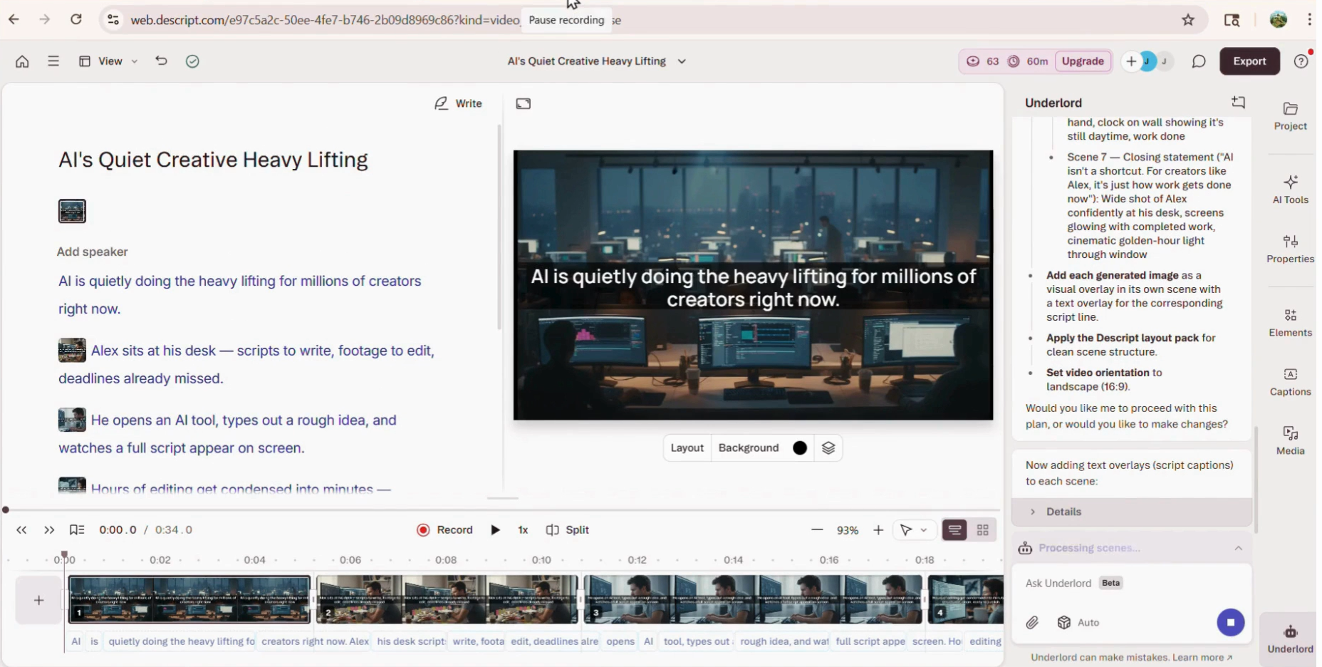 Output artifact for "AI Agent-Driven Storyboard Generation" test: Storyboard view generated on the left panel — each script line explicitly paired to its corresponding frame by the AI agent., Screenshot 2026-04-09 172755.png