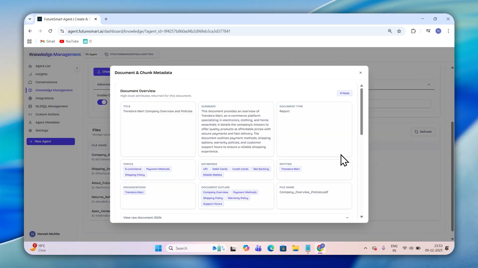 Output artifact for "Agentic RAG Creation" test: Processed content with real-time status, inspectable metadata, and agent responses with source documents transparently referenced for verification., Screenshot 2026-04-13 154745.png