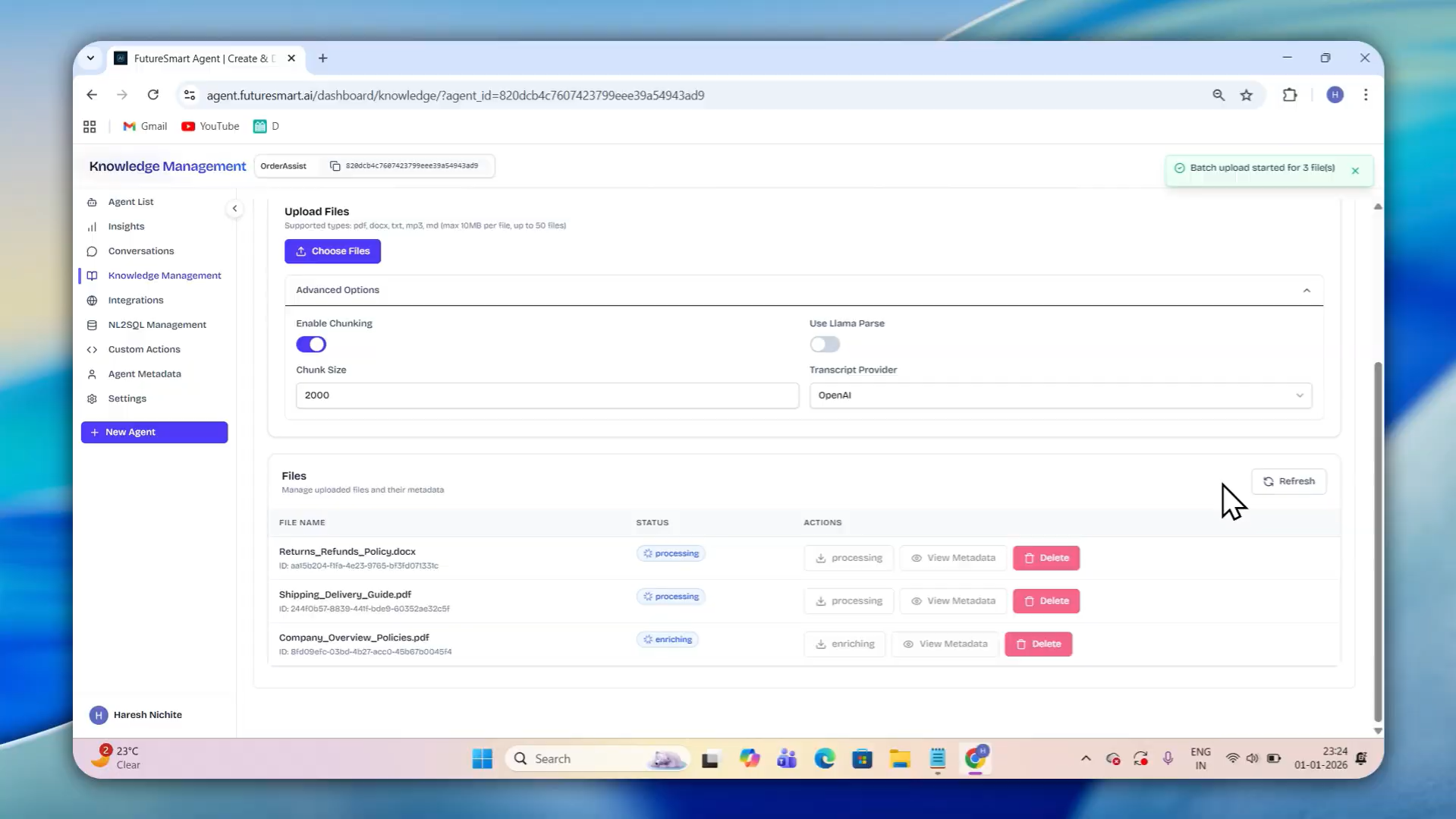 Input artifact for "Customer Support Agent with Live Order Tracking" test: Created the agent and uploaded support documents—return policies, refund guidelines, FAQs., Screenshot 2026-04-13 195309.png