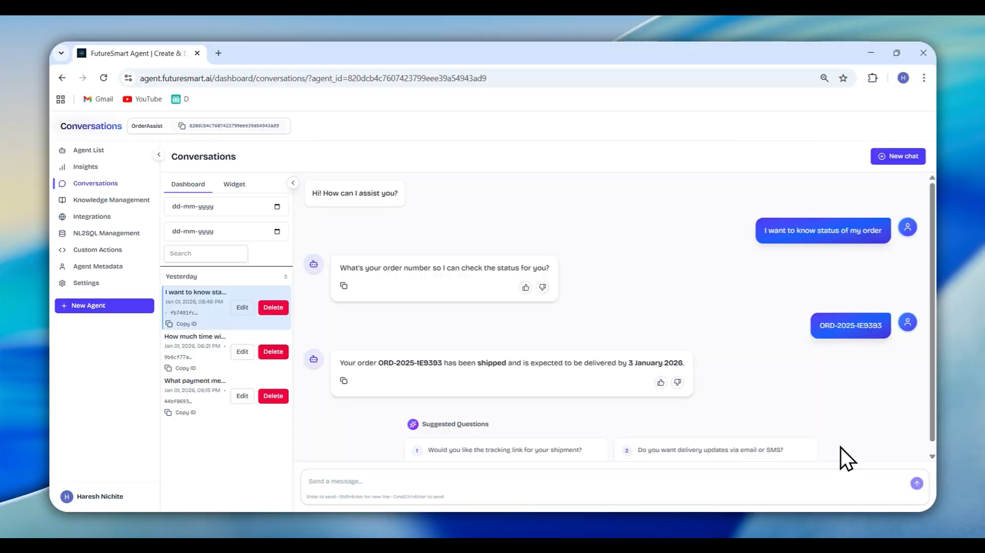 Output artifact for "Customer Support Agent with Live Order Tracking" test: Agent autonomously identifies intent, calls the live order API when needed, collects parameters automatically (like order ID), and delivers a complete natural language response blending static knowledge and real-time data., Screenshot 2026-04-13 201204.png