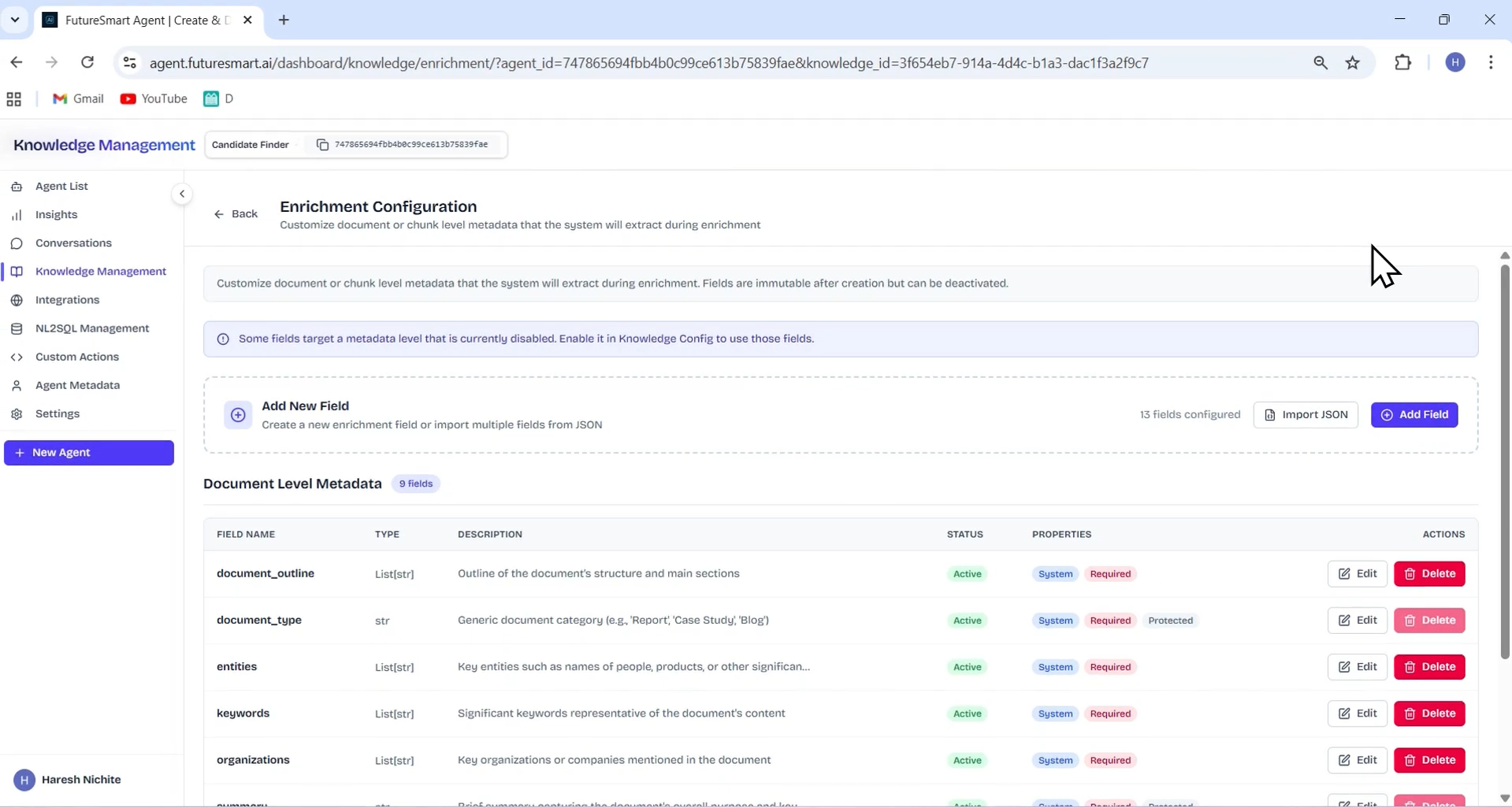 Output artifact for "Resume Parser and Candidate Search" test: Extraction schema configured with predefined fields that you can edit or delete based on requirements, plus custom fields added either in bulk via JSON schema import or one by one through the UI—ready to parse resumes with precision and consistency., Screenshot 2026-04-14 133826.png