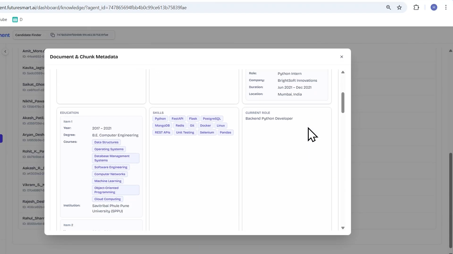 Output artifact for "Resume Parser and Candidate Search" test: Extracted metadata view showing parsed resume data aligned with defined schema—all fields, nested structures, and custom extractions inspectable for verification., Screenshot 2026-04-14 135011.png