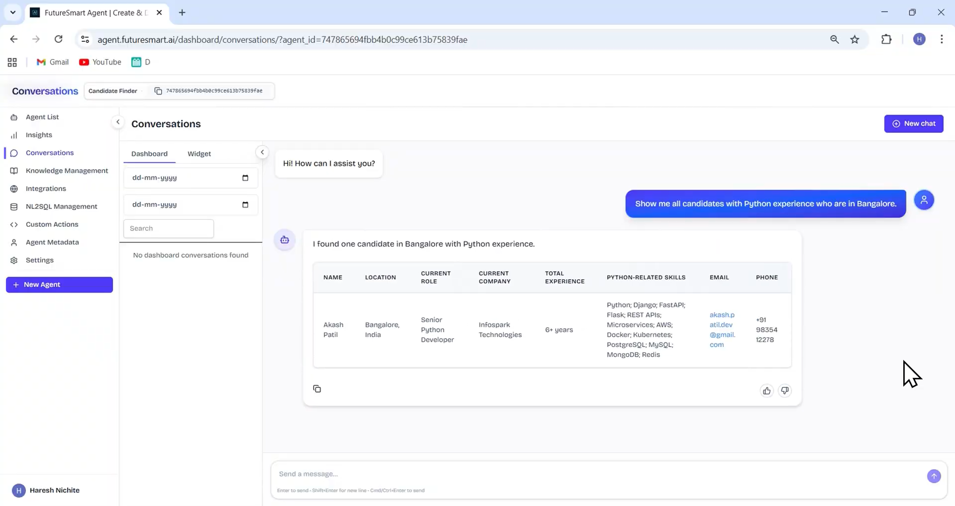 Output artifact for "Resume Parser and Candidate Search" test: Matching candidates returned with relevant extracted fields highlighted, enabling recruiters to find talent based on experience, skills, location, duration, and other custom criteria in plain English., Screenshot 2026-04-14 135417.png