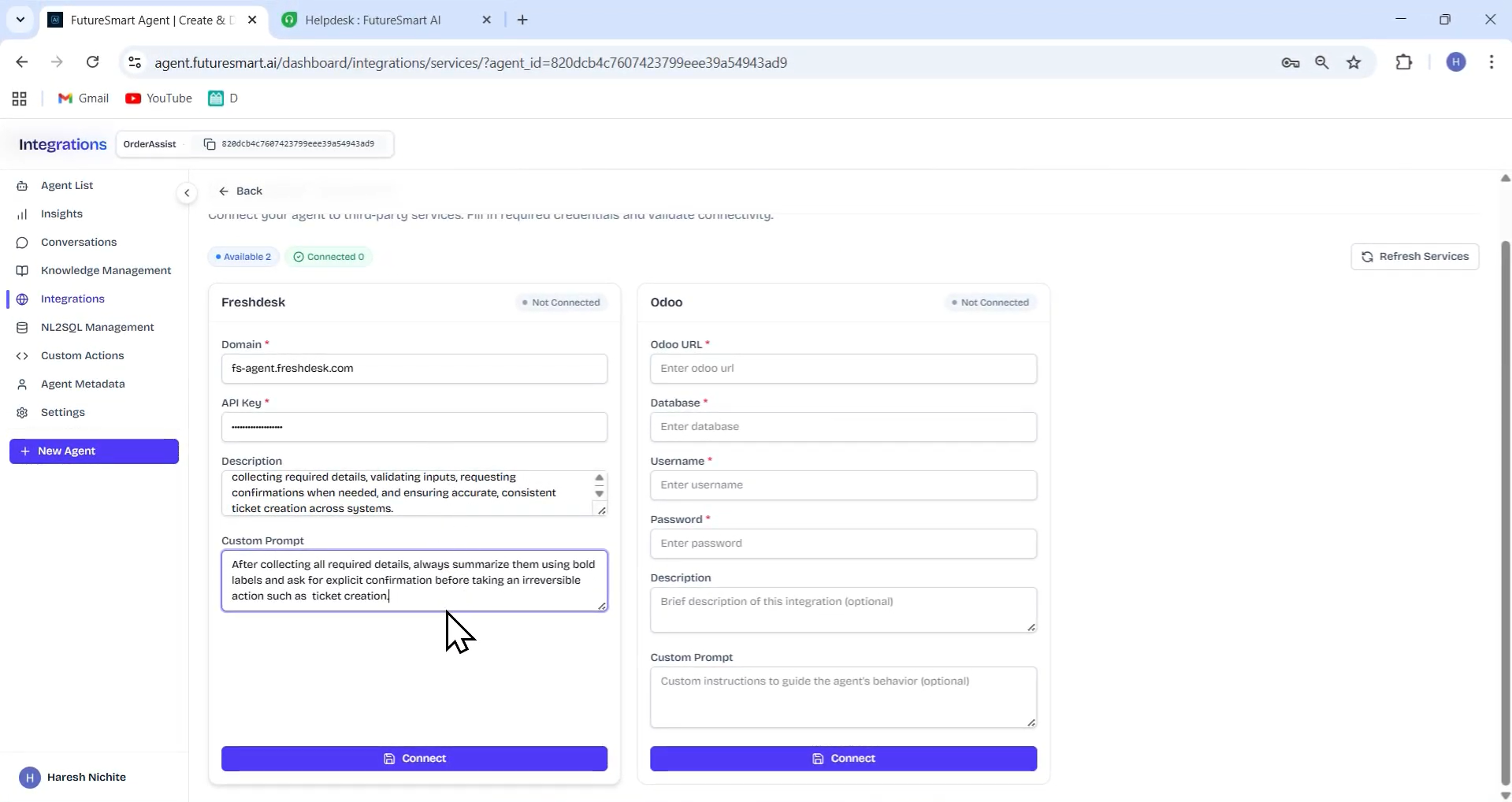 Input artifact for "AI Agent to Human Handover" test: Added a support ticket integration with Freshdesk domain, API key, description, and a custom usage prompt., Screenshot 2026-04-14 153554.png