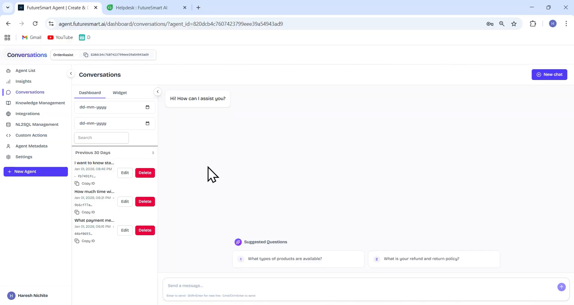 Output artifact for "AI Agent to Human Handover" test: Integration connected with agent—now available to test in the conversations playground., Screenshot 2026-04-14 153940.png