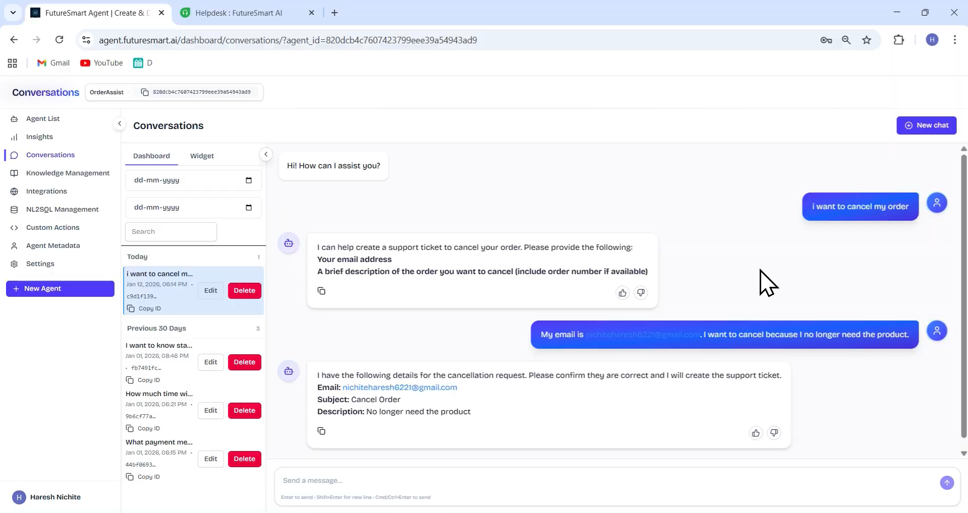 Input artifact for "AI Agent to Human Handover" test: Made a customer request for cancellation that required human intervention., Screenshot 2026-04-14 154309.png