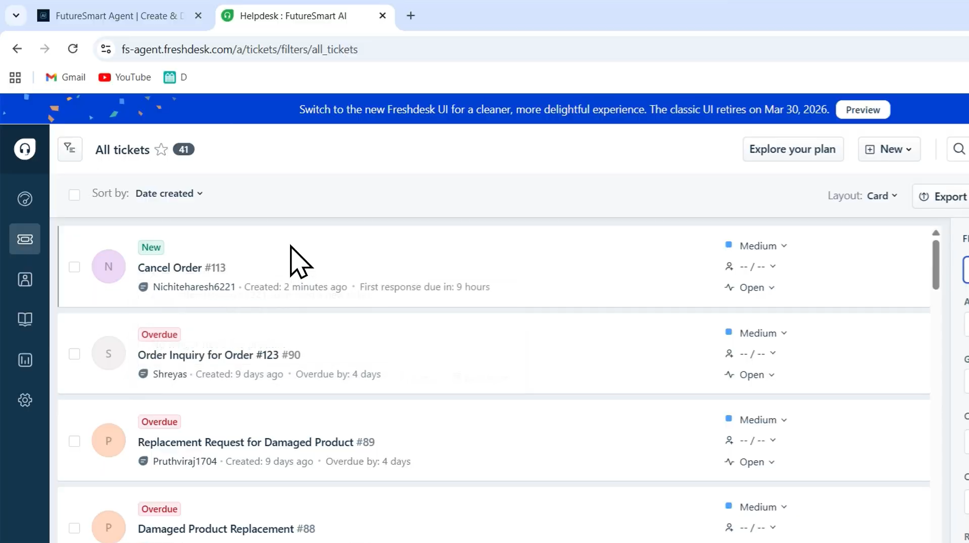 Output artifact for "AI Agent to Human Handover" test: After agent detects scope limitation and collects required details, it creates the ticket and immediately reflects the action in the Freshdesk dashboard., Screenshot 2026-04-14 154830.png