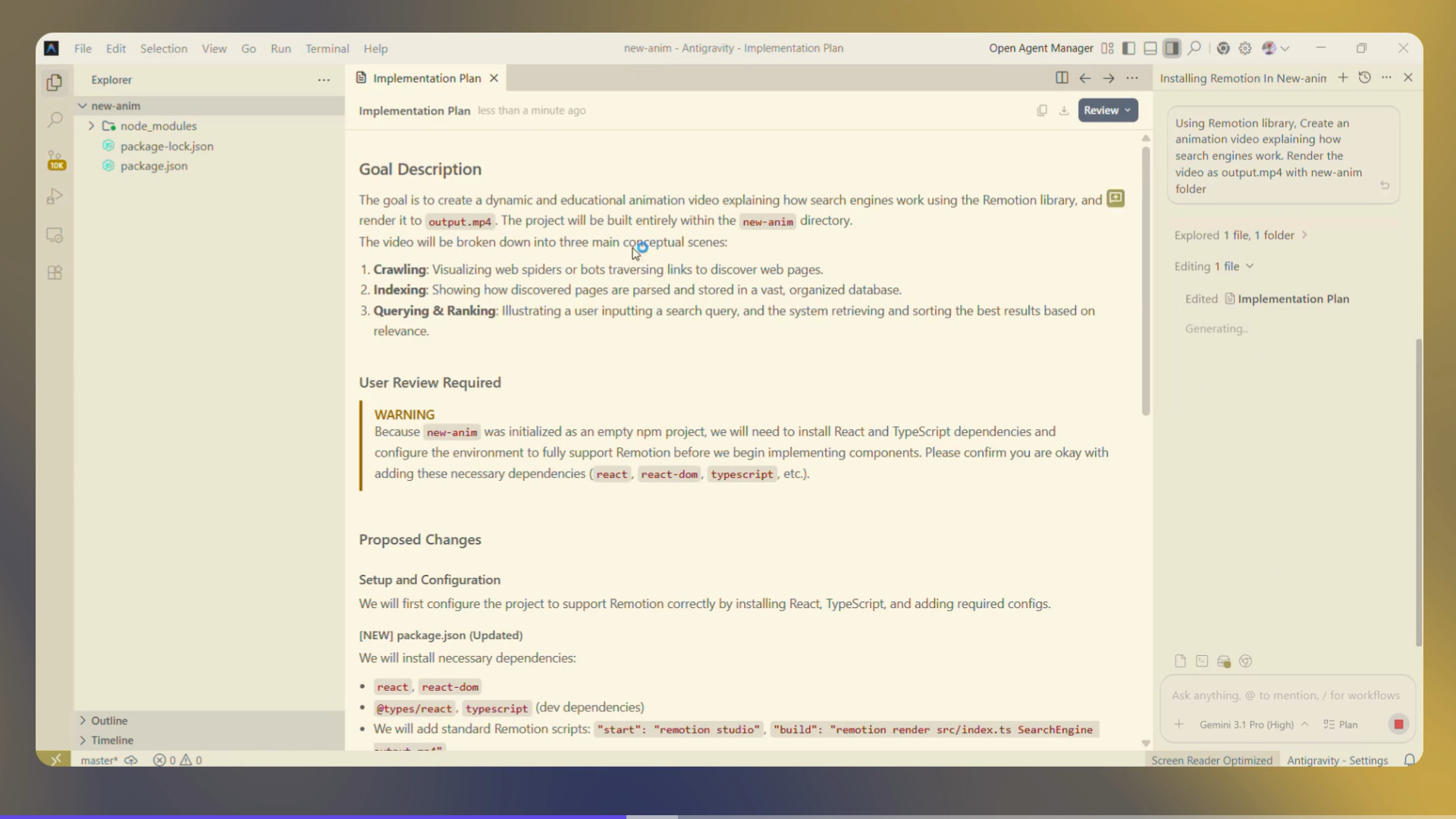 Antigravity IDE screenshot showing Implementation Plan Feature