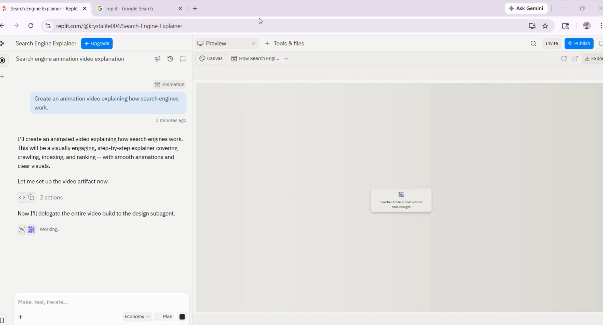 Replit screenshot showing Agent-based animation generation