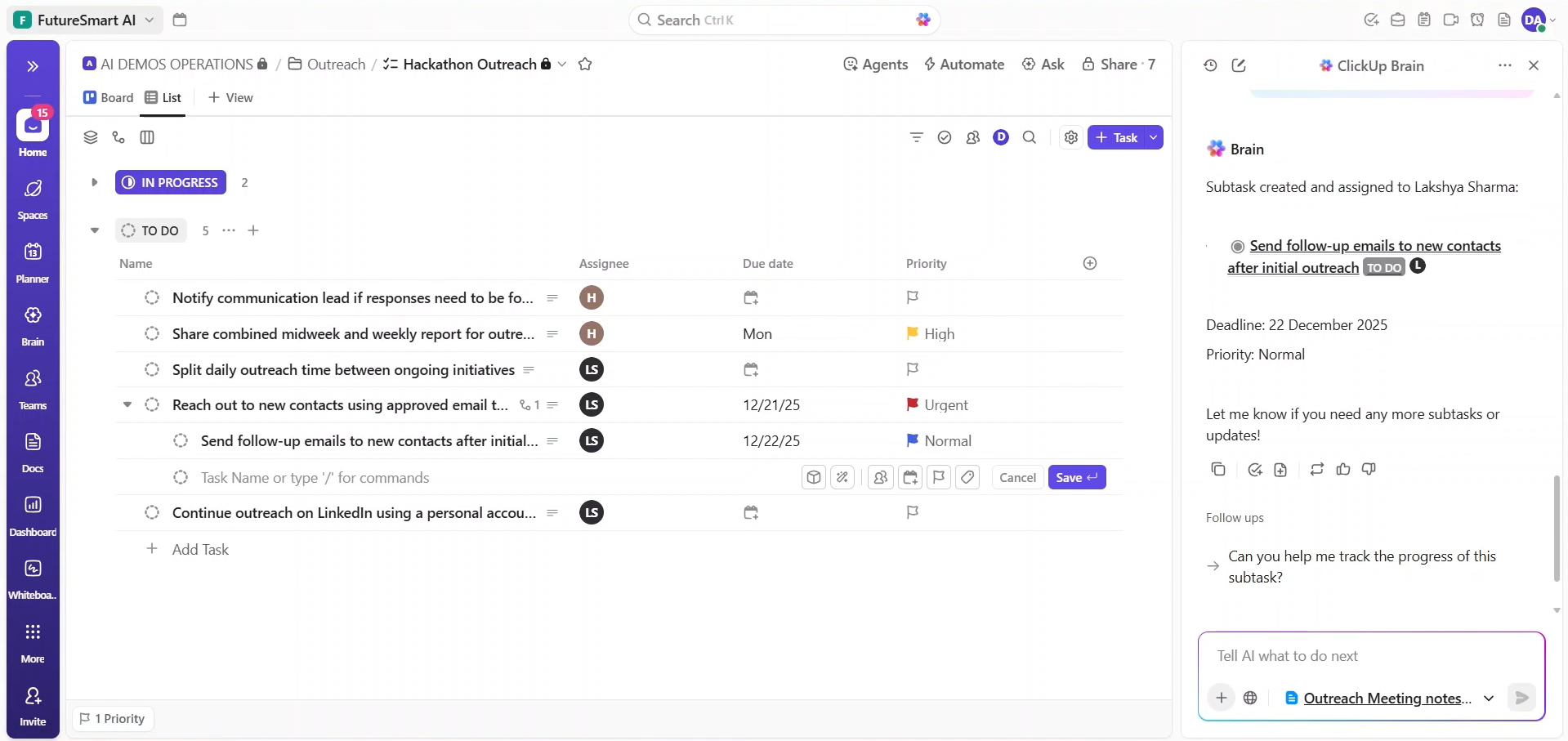 Subtask Output clickup