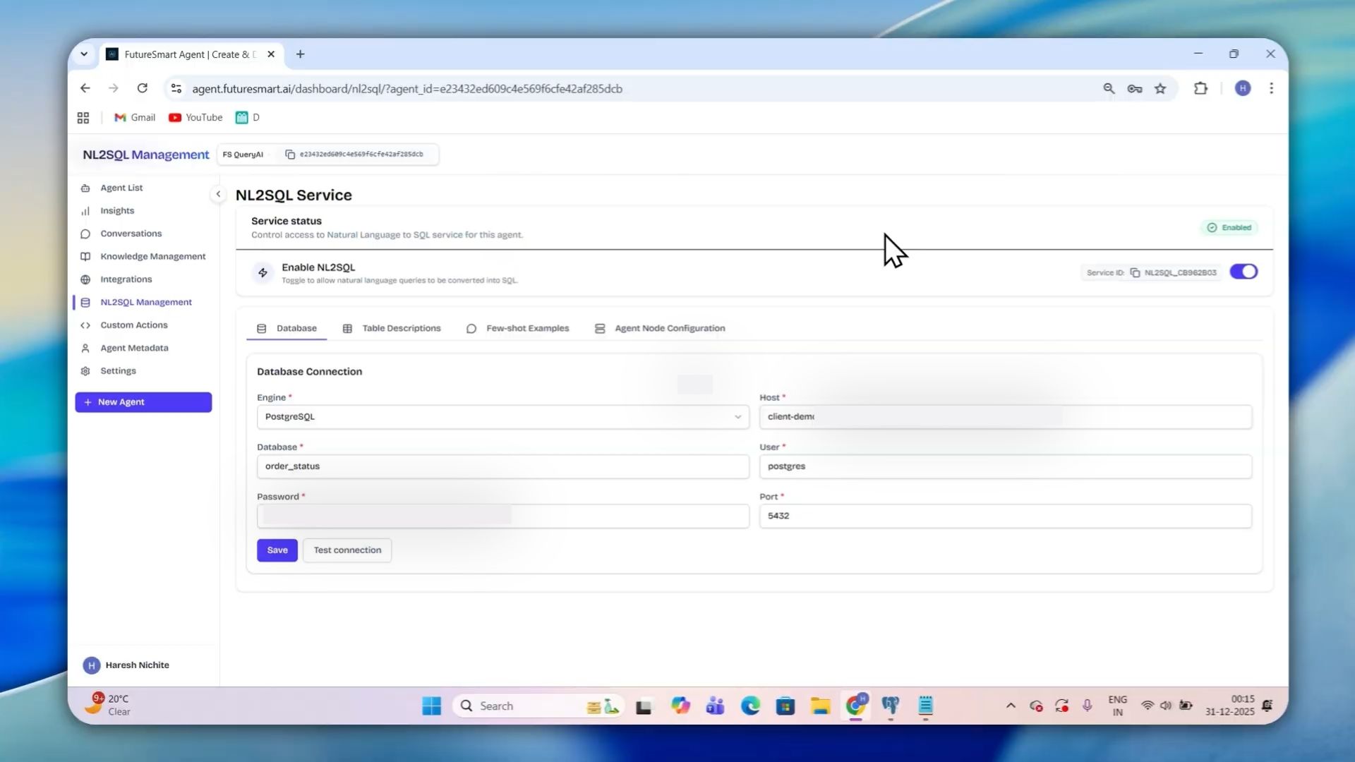 Output artifact for "NL2SQL Agent" test: Connected database unlocking a configuration panel with options to upload table descriptions, few-shot examples, and configure prompts and parameters for different nodes in the NL2SQL pipeline., Untitled design (6).jpg