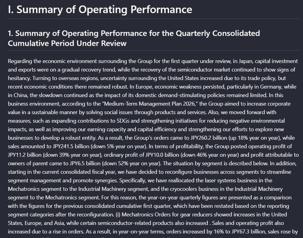 Dark structured view of the operating performance text.