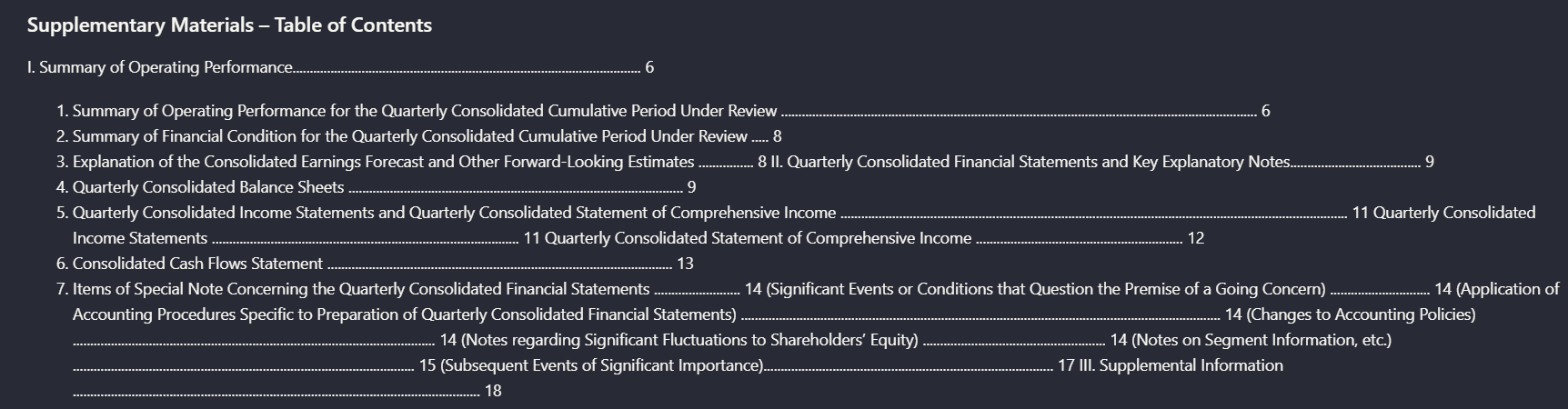 Parsed table of contents from a supplementary materials PDF.