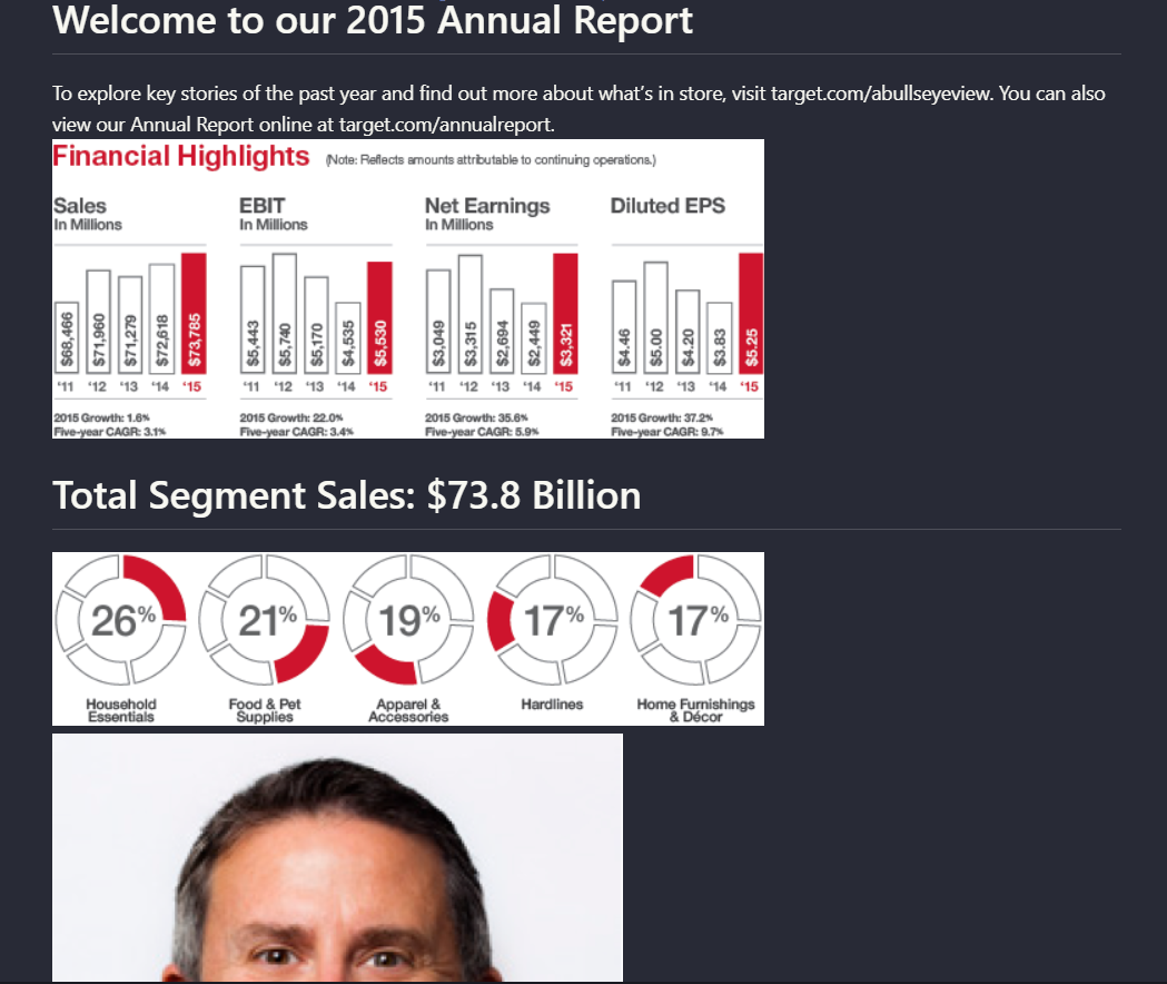 Annual report page with financial highlights and segment sales