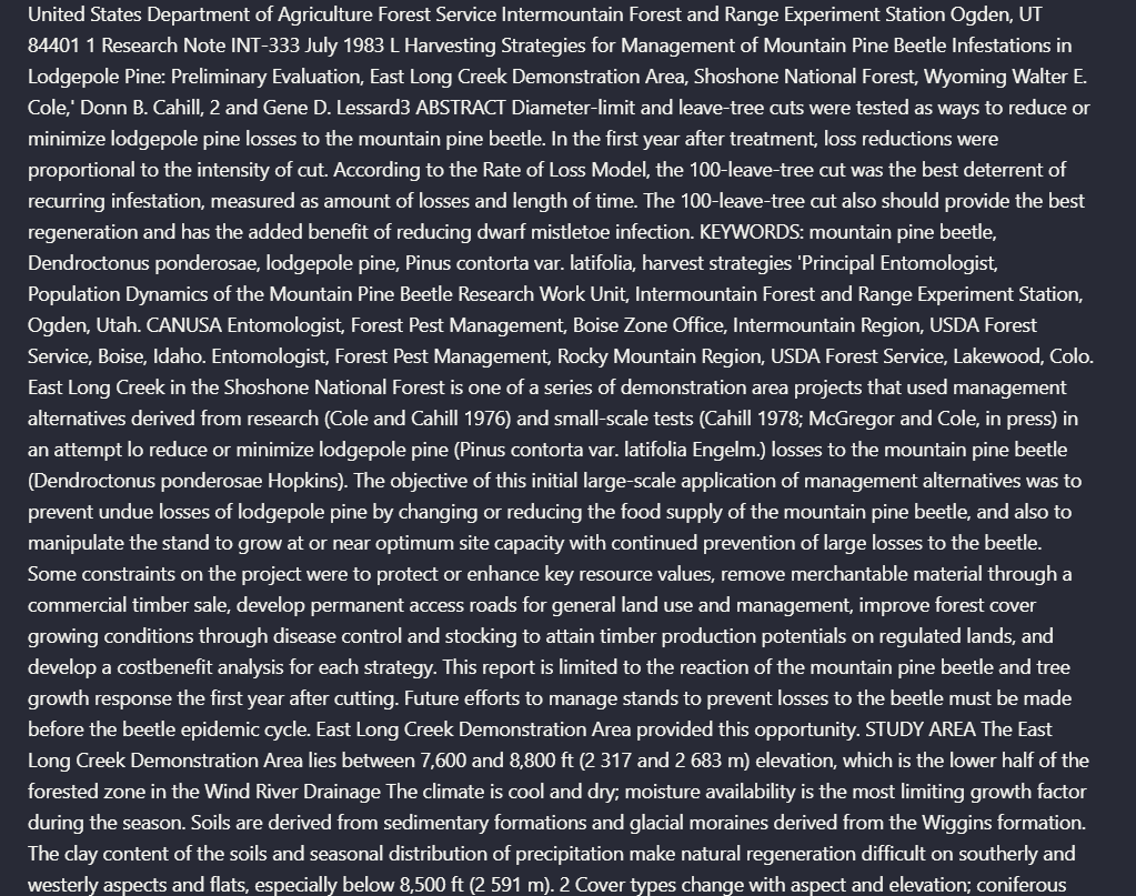 OCR text from the opening page of a USDA forest service report.