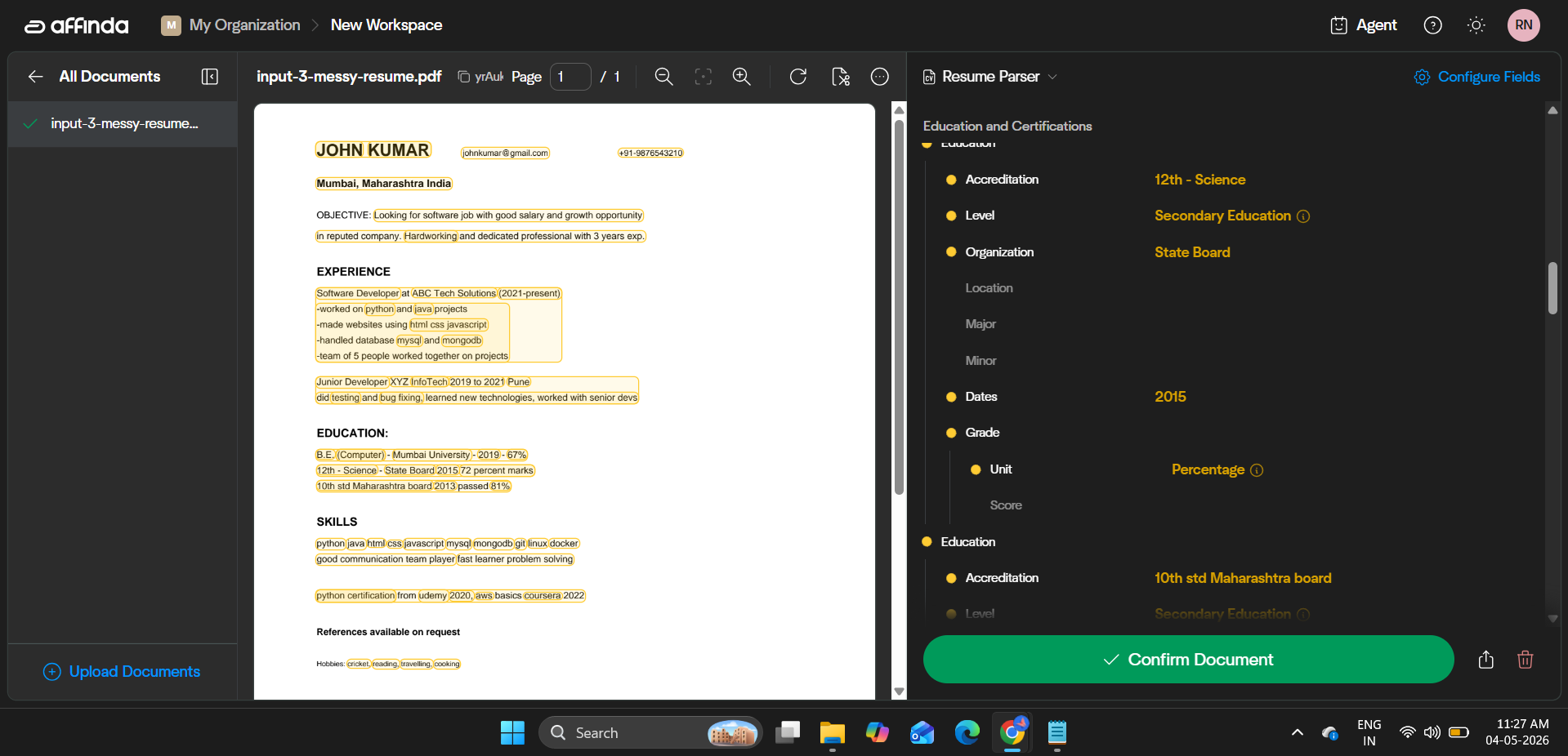 Output artifact for "Custom Field Configuration and Review Workflow" test: The workspace exposed a Configure Fields panel and a Confirm Document review step around parsed education fields., image-21.png