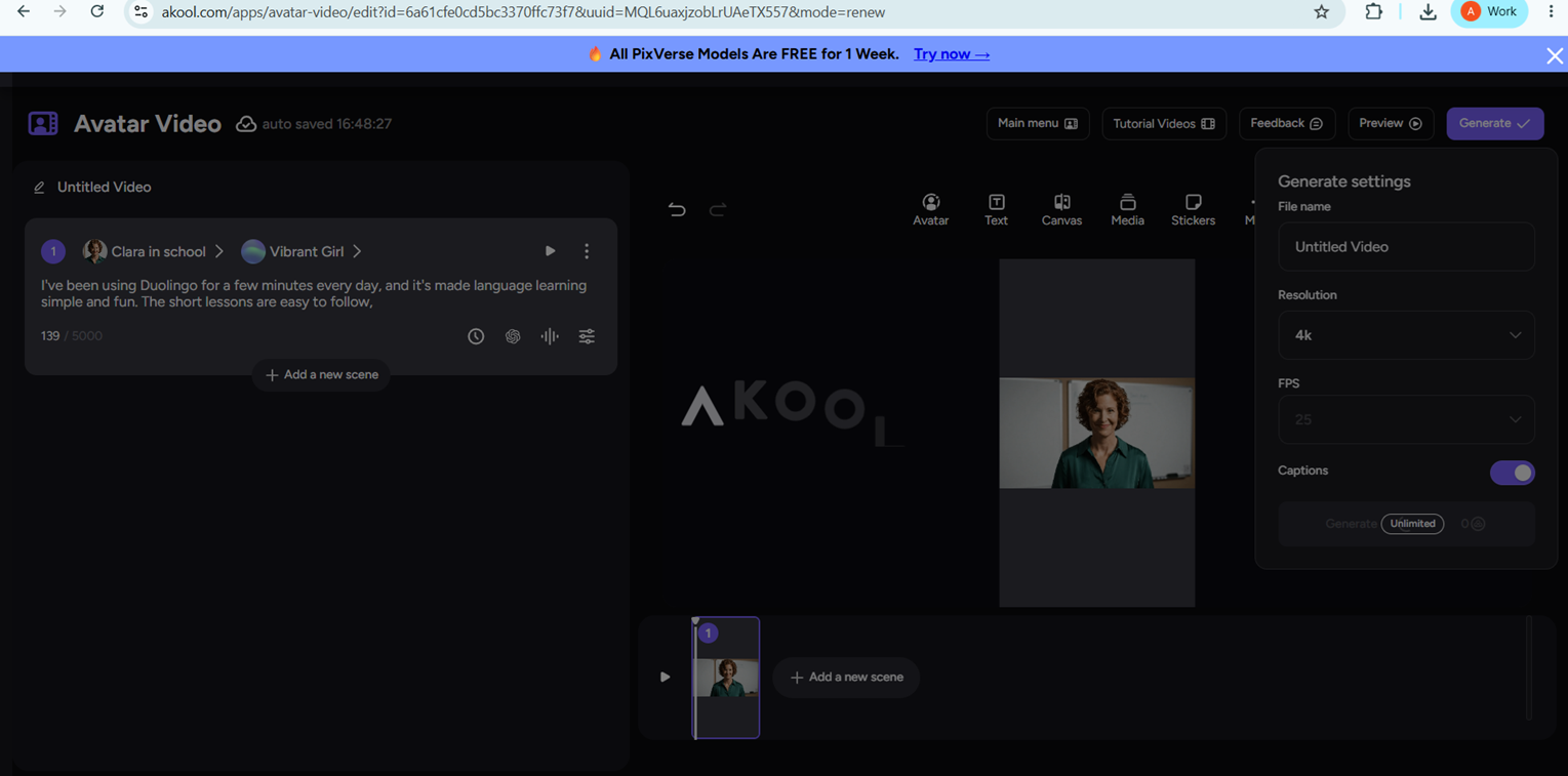Output artifact for "Project Reopening and In-Place Editing" test: The generate settings popover was available after editing, including file name, resolution, FPS, and captions controls., akool-duolingo-after-edit.png