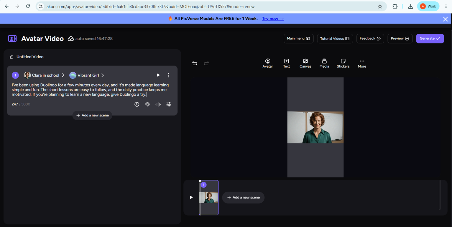 Output artifact for "Project Reopening and In-Place Editing" test: The script panel was editable in place, and the Duolingo narration draft was visible inside the editor., akool-duolingo-edit-script.png