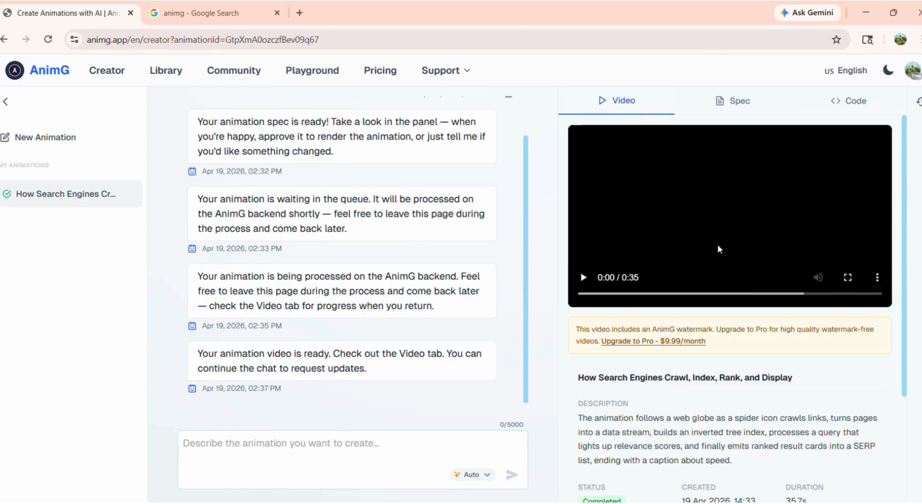 Finished animation video with watermark notice and project details.