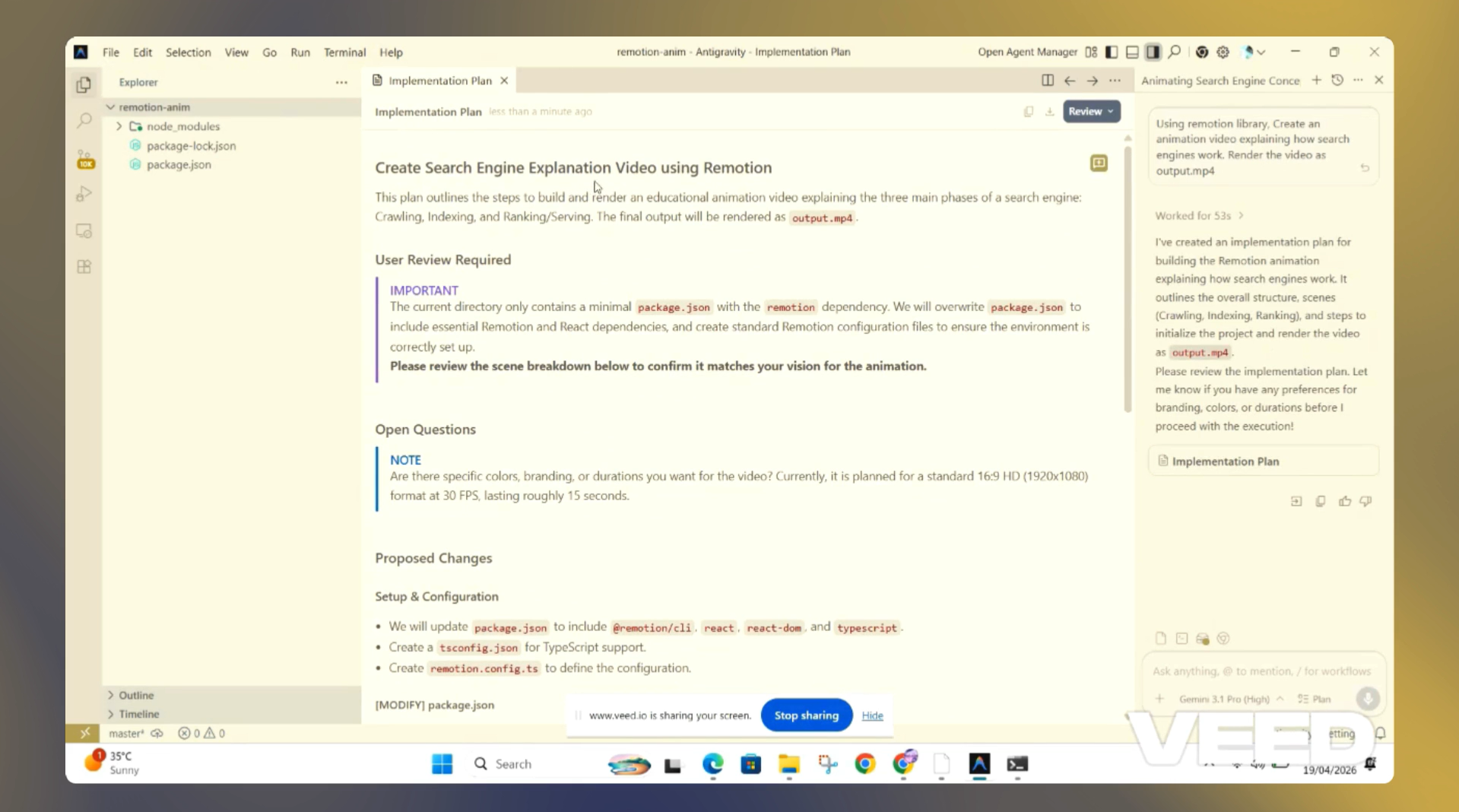 Implementation plan for a Remotion search engine video.