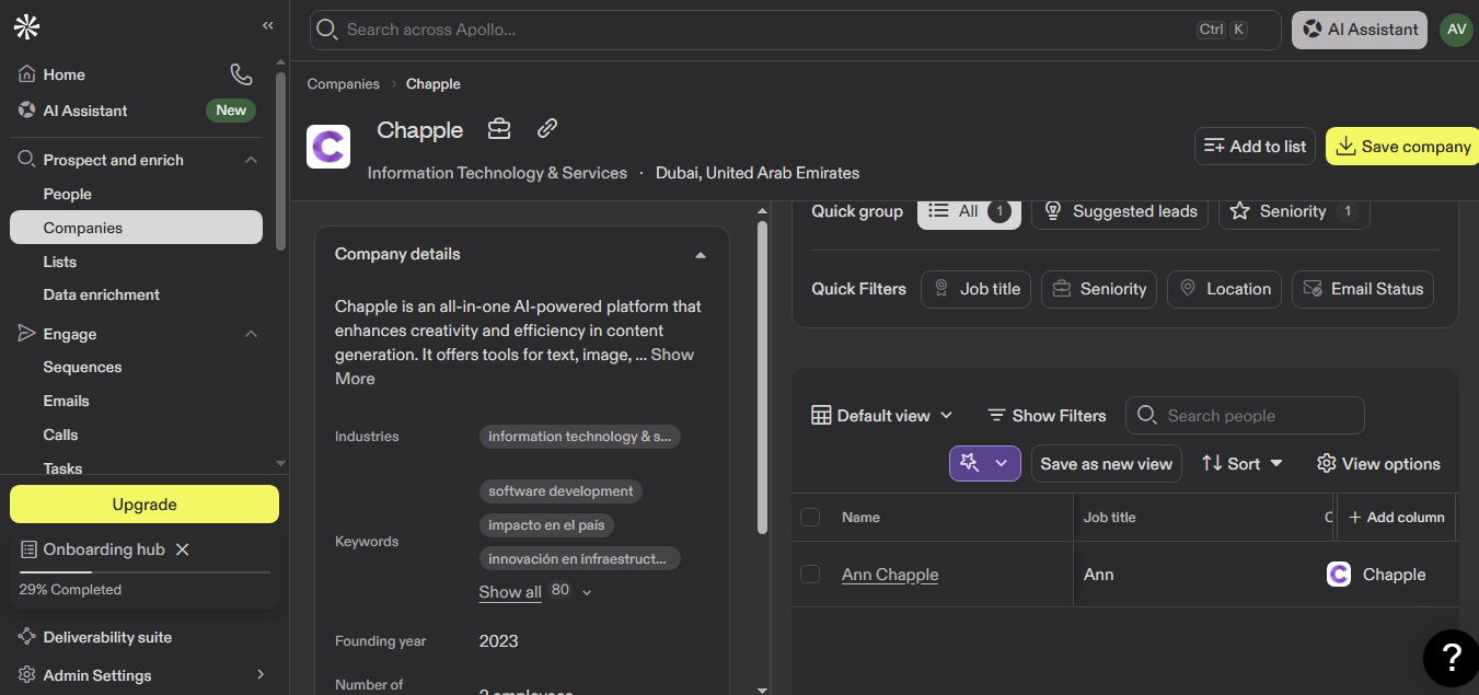 Output artifact for "Prospect relevance still needs manual validation" test: On the Chapple company page, Apollo surfaced a person record that initially looked relevant to the company based on the company/contact association shown in the, apollo-apollo-company-page-chapple.png
