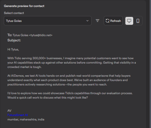 Output artifact for "Prompt-driven email writing" test: The resulting draft referenced Tidio's scale and the difficulty of standing out in a crowded market, showing that prompt mode can produce a usable cold email wh, apollo-apollo-email-preview-tidio-outreach.png