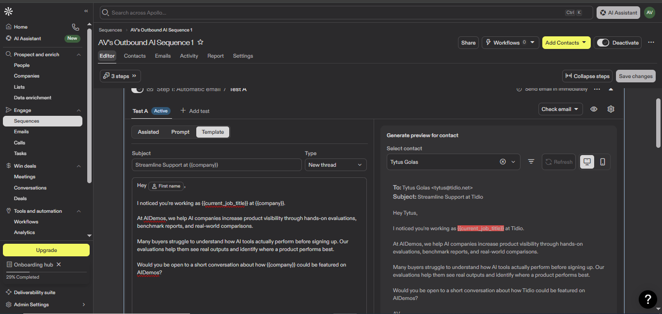 Output artifact for "Template-based outreach drafts" test: In template mode, Apollo produced a preview that stayed close to the original sequence template and mainly swapped in light variables such as the company name., apollo-apollo-outbound-sequence-editor-preview.png
