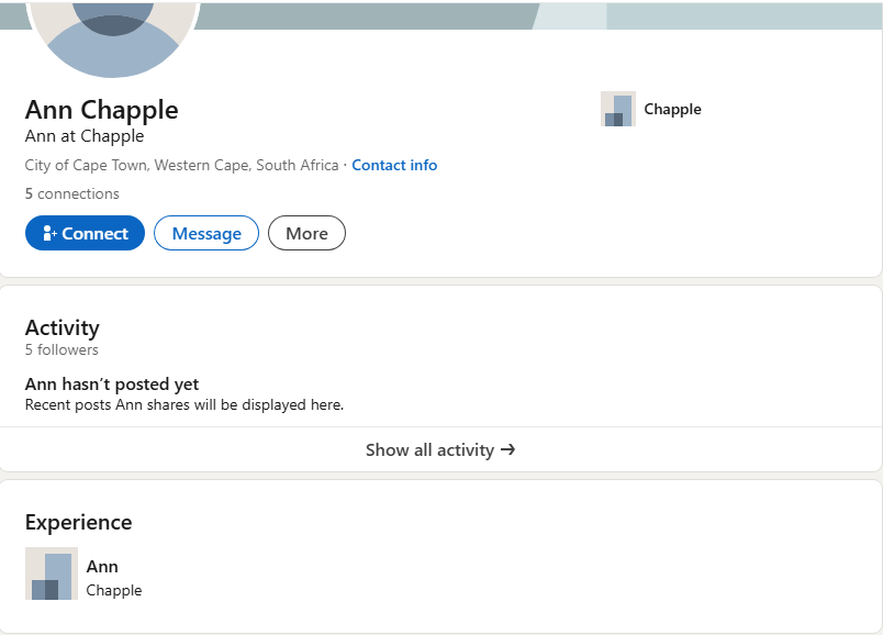 Output artifact for "Prospect relevance still needs manual validation" test: Reviewing Ann Chapple's LinkedIn profile showed why Apollo results still need manual validation: a plausible company/contact match is not the same thing as a co, apollo-linkedin-profile-ann-chapple.png