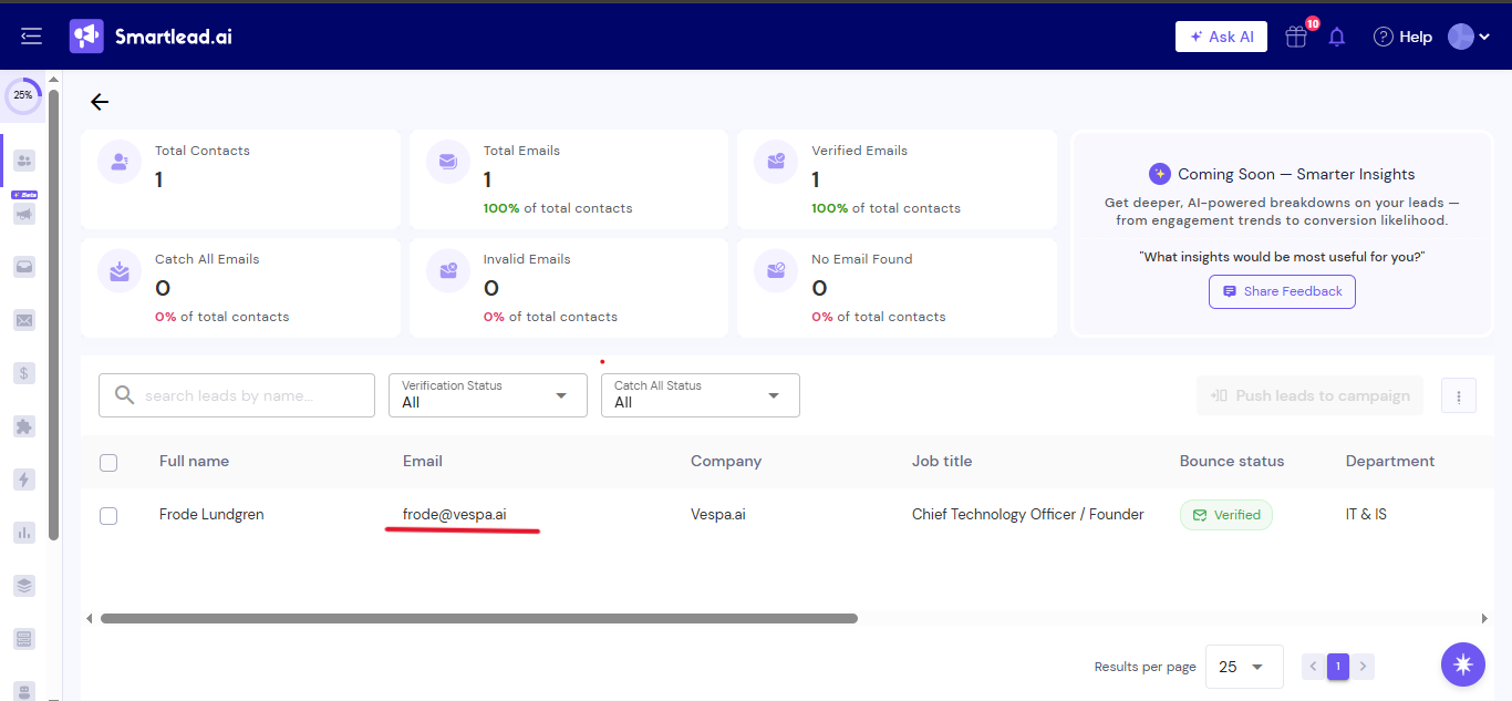 Output artifact for "Contact accuracy on surfaced emails" test: In the validation artifact, Smartlead showed a different verified address for the same person, frode@vespa.ai. That mismatch means Apollo's surfaced email shoul, apollo-smartlead-verified-contact-table.png