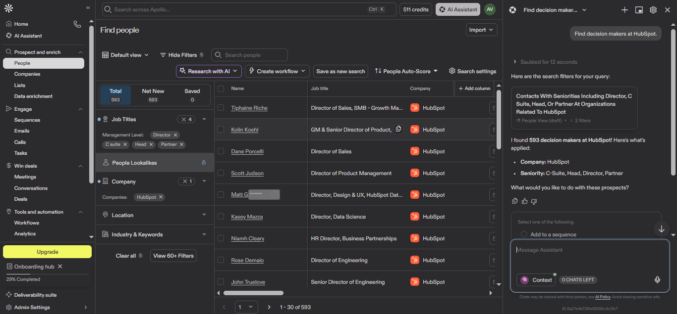 Apollo output showing Apollo translated the request for HubSpot decision makers into a focused prospecting search and returned contacts aligne