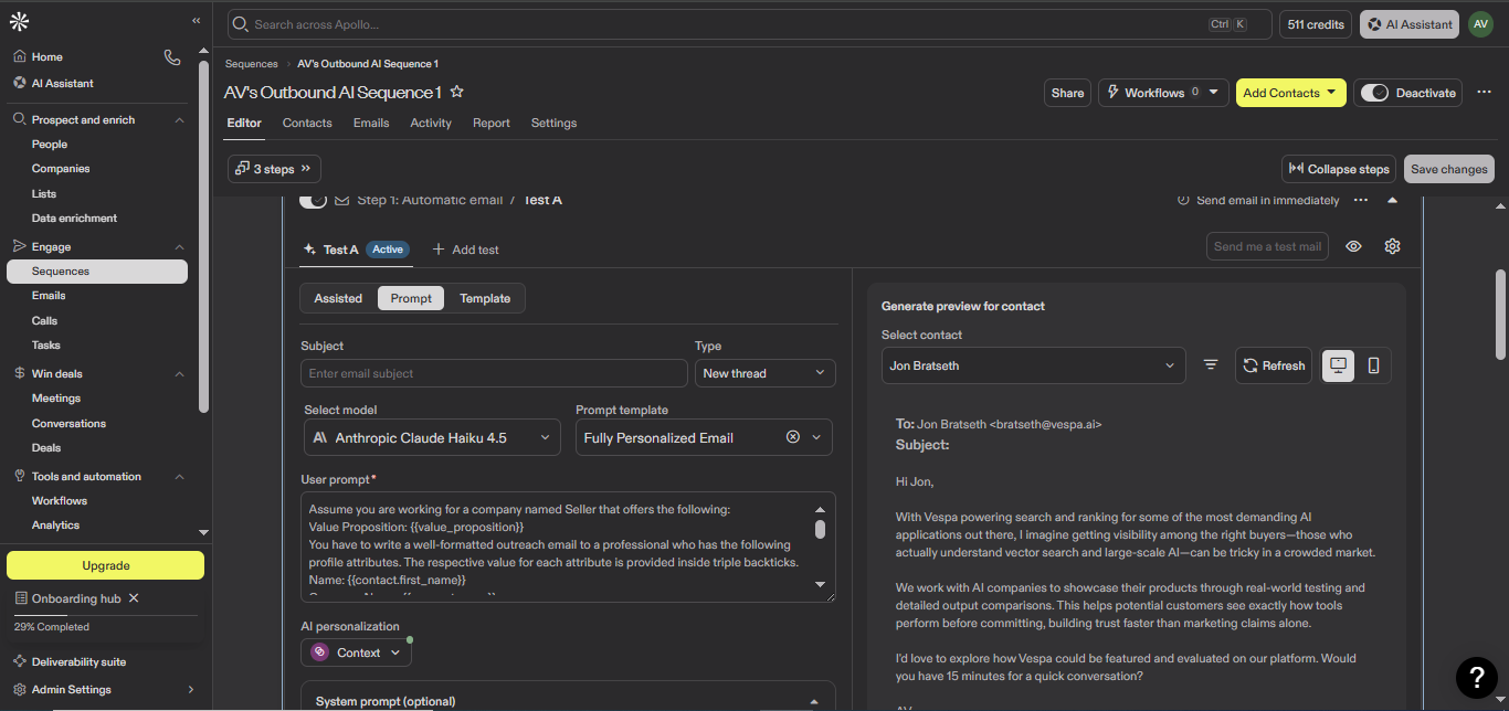 Apollo output showing Apollo's prompt-based mode adapted the email to Jon Bratseth's company context while keeping a broadly similar outreach