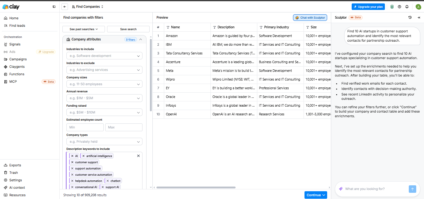 Clay output showing Clay translated a customer-support-automation prompt into generated filters and a company search, but the usefulness of
