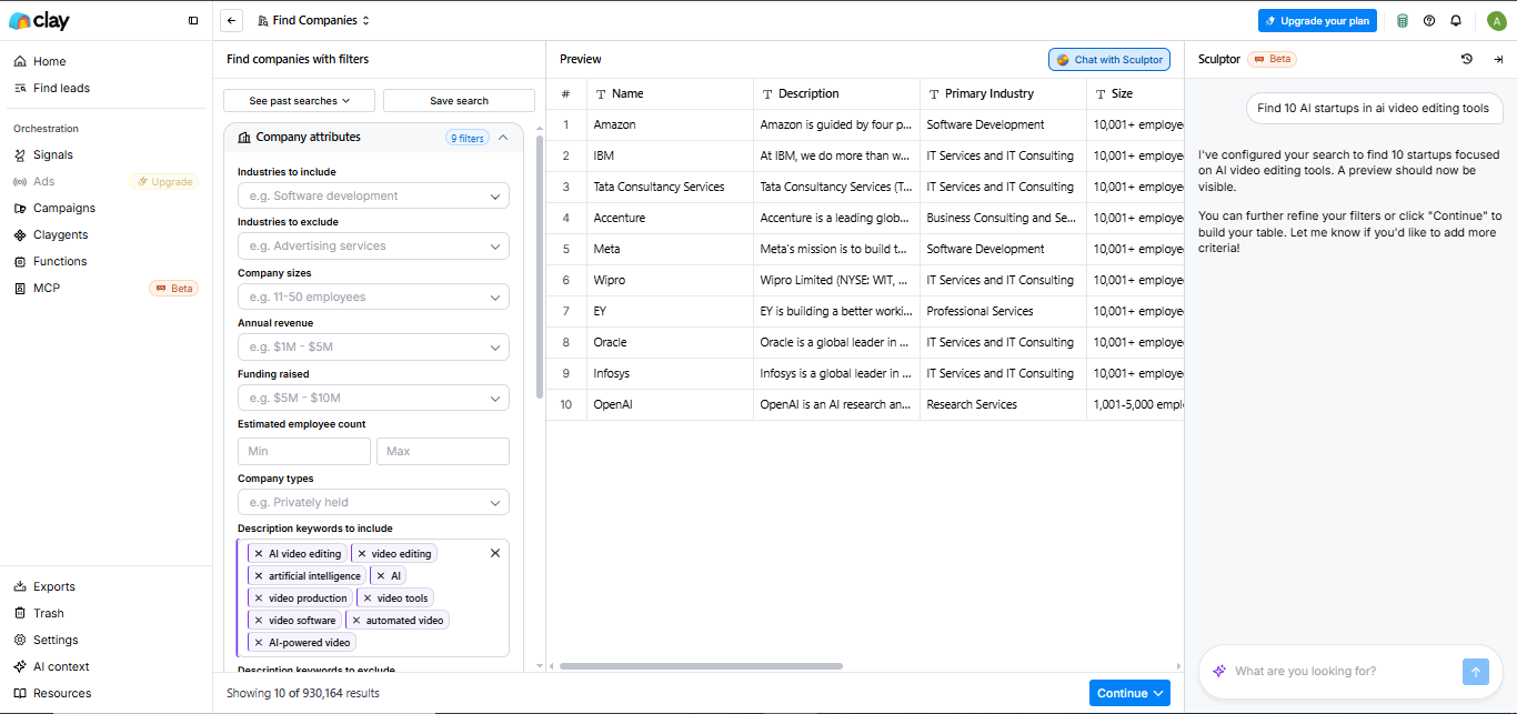 Clay output showing Clay also converted a broader video-editing startup query into structured search criteria, showing that it is good at wo