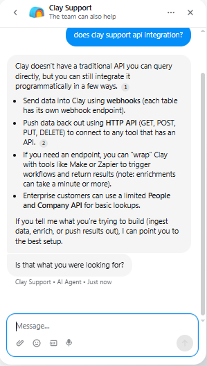 Clay output showing Clay emphasized webhooks, HTTP actions, and third-party automation tools over a broad traditional public API, with limit