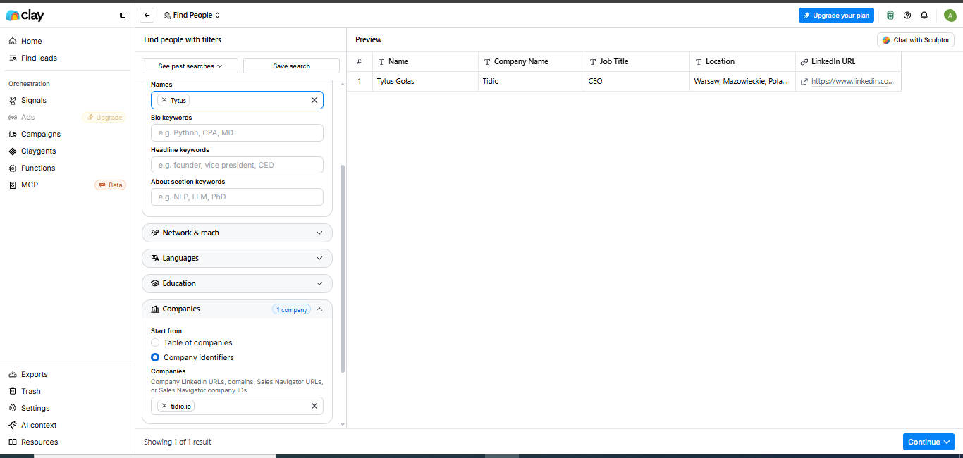 Clay output showing Clay located Tytus Gołas and returned company, title, location, and LinkedIn information, giving enough context to confi