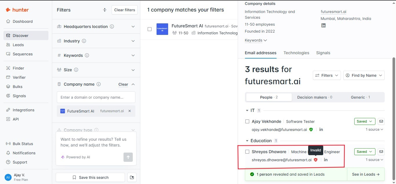 Hunter output showing Hunter surfaced employee records with email validity indicators, but the evaluation found at least one case where a cont