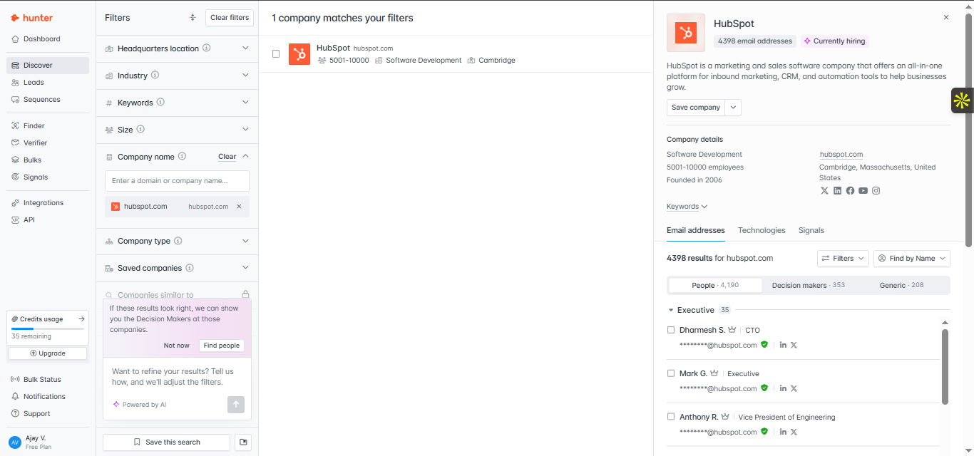 Hunter output showing Hunter handled the simple HubSpot decision-maker prompt well and returned a focused set of contacts aligned with the req