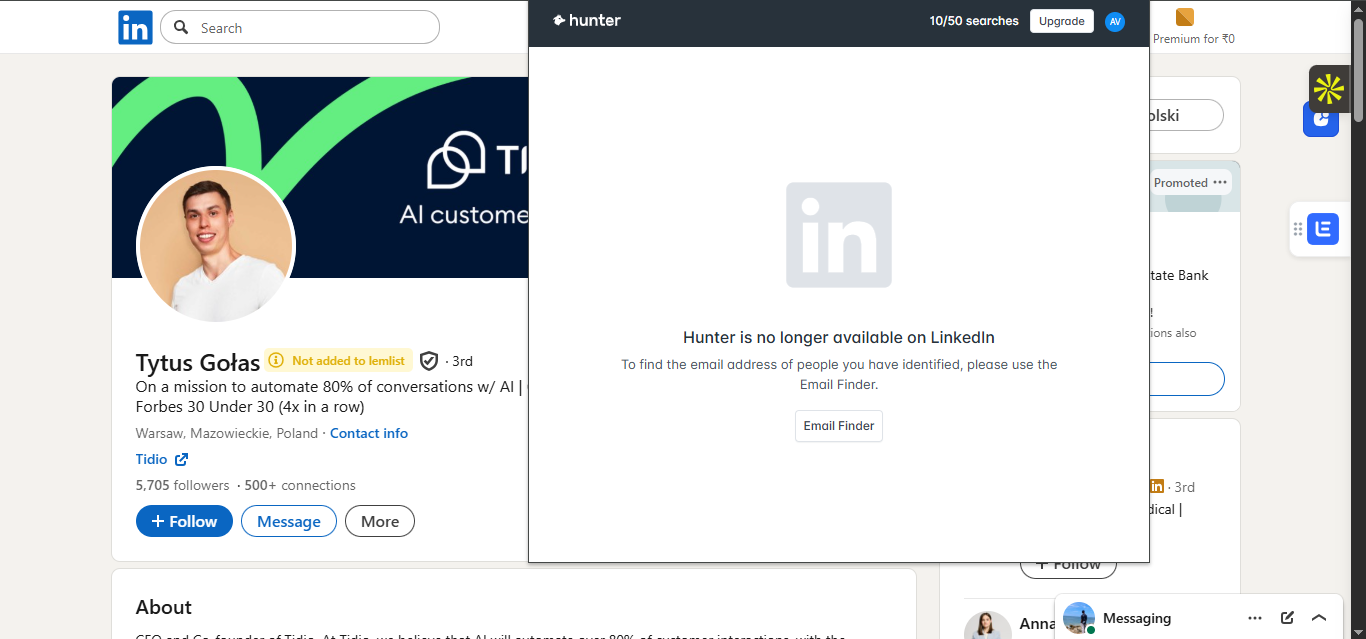 Hunter output showing On LinkedIn, Hunter's extension did not enrich the profile in place and instead redirected the workflow toward Email Fin