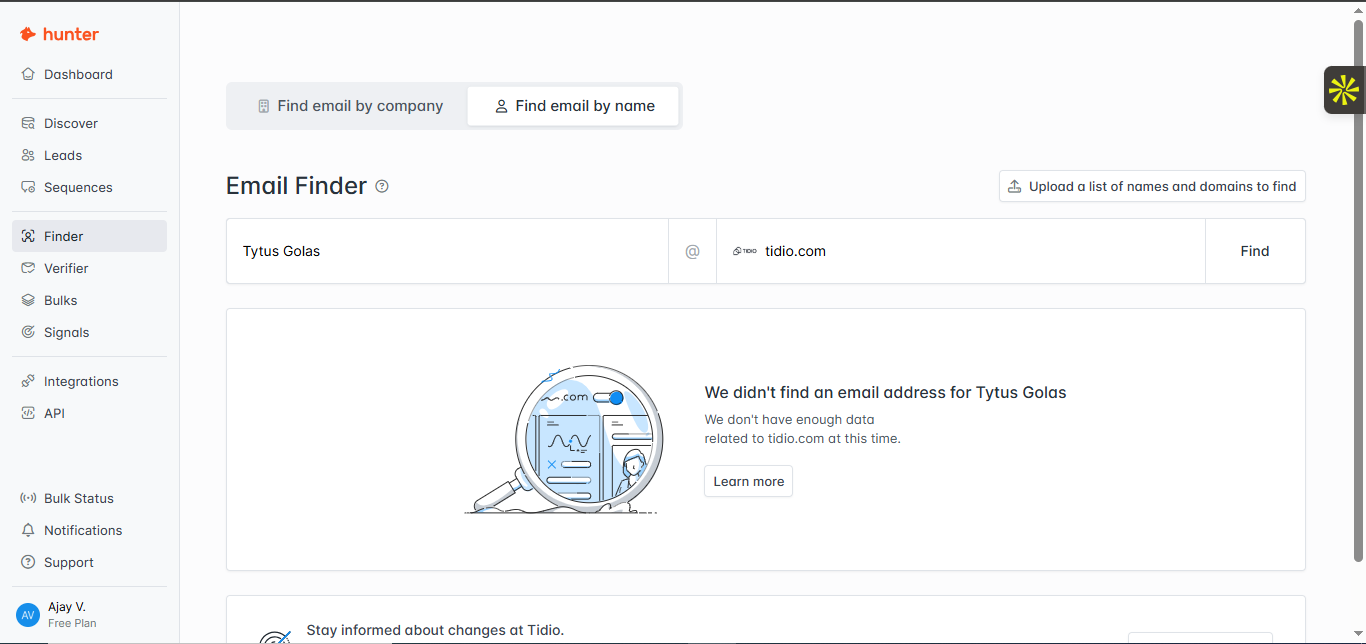 Hunter output showing A parallel search for Tytus Gołas returned no contact information despite using a known prospect and company domain, sho